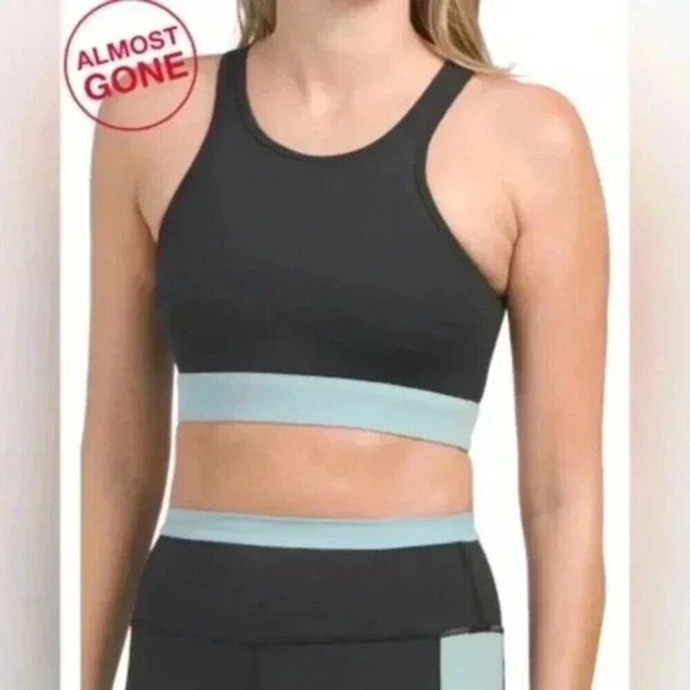 NWT Wilo The Label Women's Colour Block Sports Bra in Black Teal Aqua